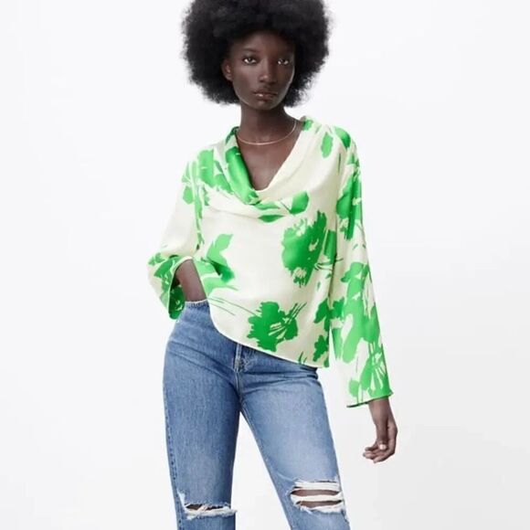 ZARA PRINTED BLOUSE WITH FLOWING NECKLINE - Picture 1 of 8